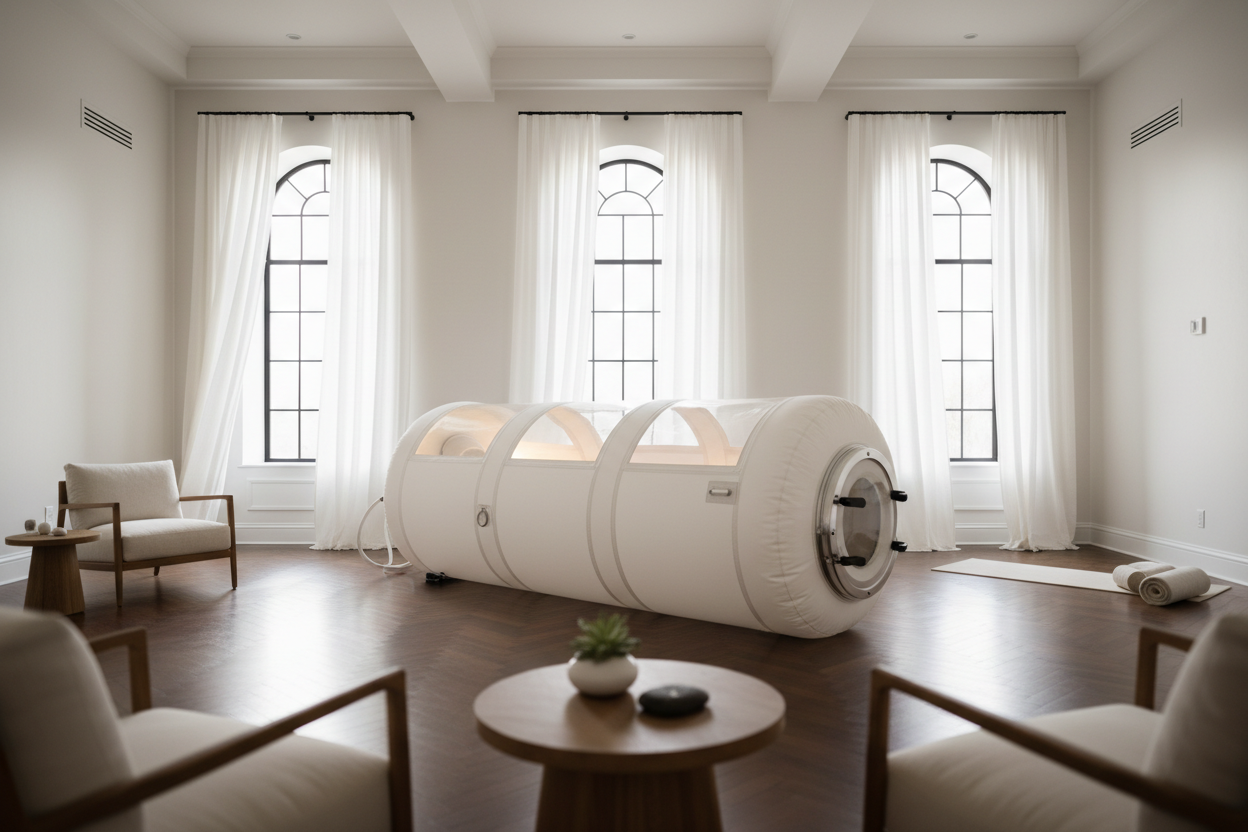 Generate a banner image suitable for a premium online store, but with natural lighting ikn this format 1420 x 180px. Feature a photorealistic "Luxury" vibe of a modern architetural high end light and welcomign relaxing wellness room with a dark wood parwut flooring highe celiing and arched windows with balkcdetails and linens curtains and white walls and an inflatable hypernbaric chamberas the clear focus. The surrounding scene, mood, and setting should be designed entirely around the product — w