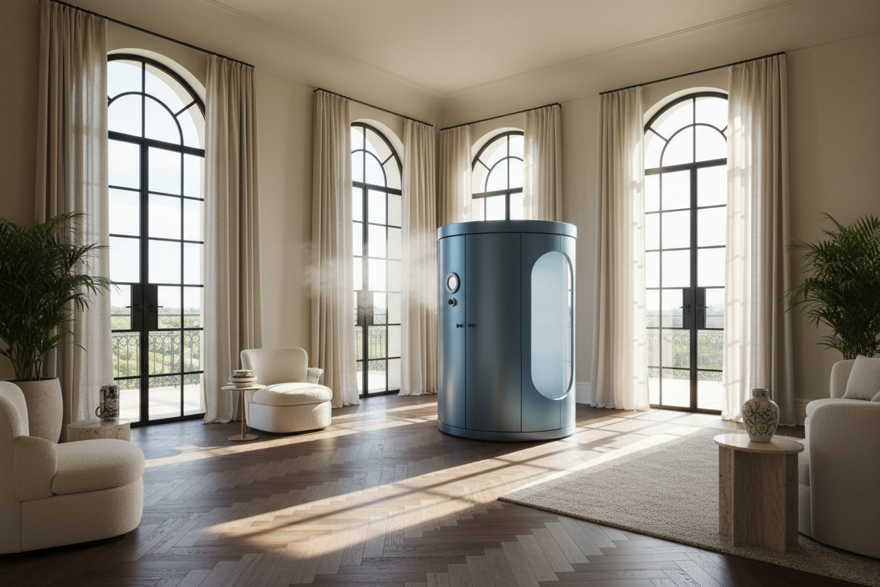 Generate a banner image suitable for a premium online store, but with natural lighting ikn this format 1420 x 180px. Feature a photorealistic "Luxury" vibe of a modern architetural high end light and welcomign relaxing wellness room with a dark wood parwut flooring highe celiing and arched windows with balkcdetails and linens curtains and cream beige walls and a ryotherapy device no words as the clear focus. The surrounding scene, mood, and setting should be designed entirely around the product — w